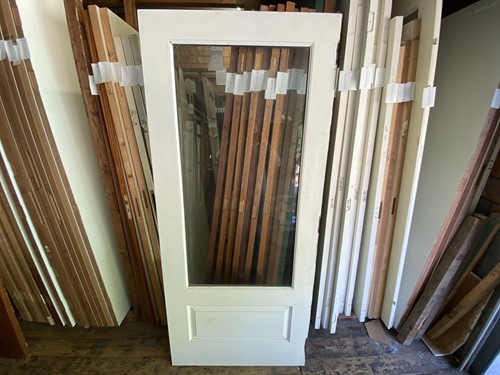 Gebruikte binnendeur 930x2110 rechtsdraaiend stomp hout wit met raam