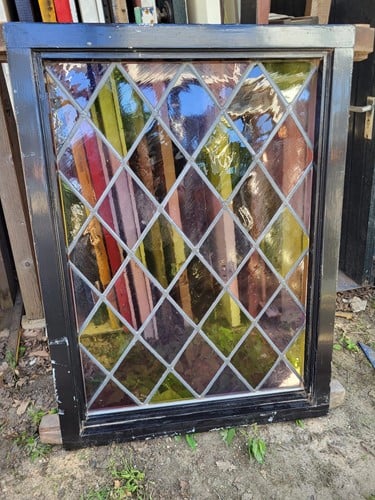 Gebruikt hardhouten raamkozijn glas in lood 1200x880